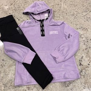 Justice NWT Velour Lilac Hooded Sweatshirt & Classic Black Leggings size 8 set